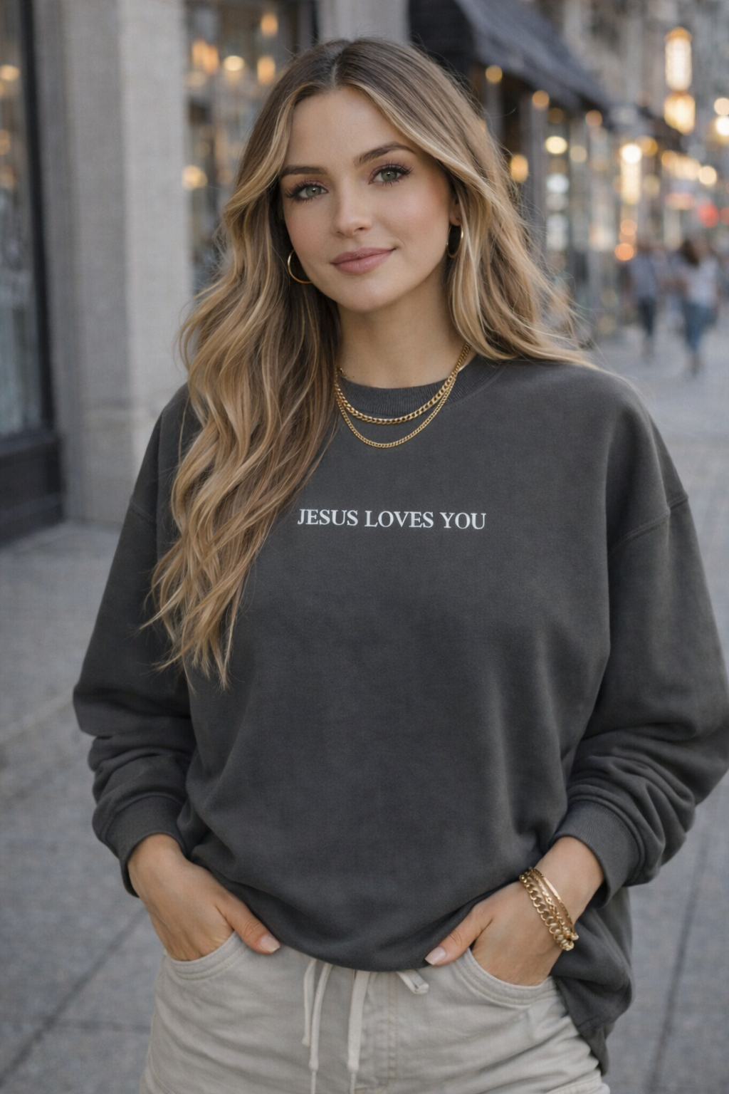 Woman wearing a dark gray sweatshirt with 'JESUS LOVES YOU' text on a city street.