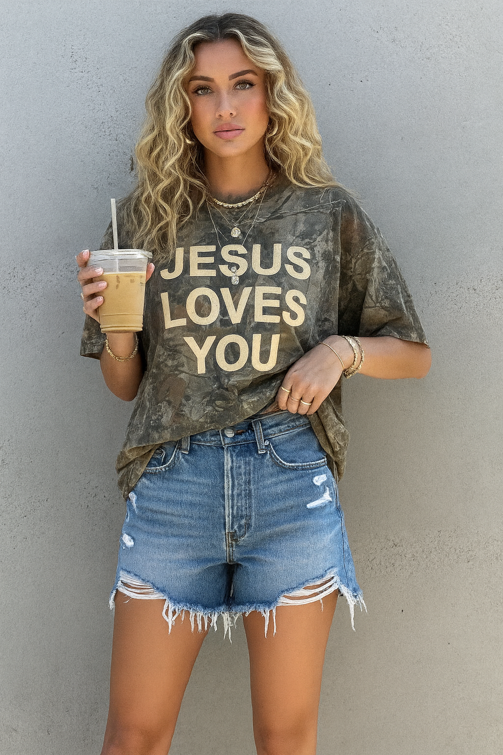 Woman wearing a 'Jesus Loves You' shirt and holding a drink against a gray wall.
