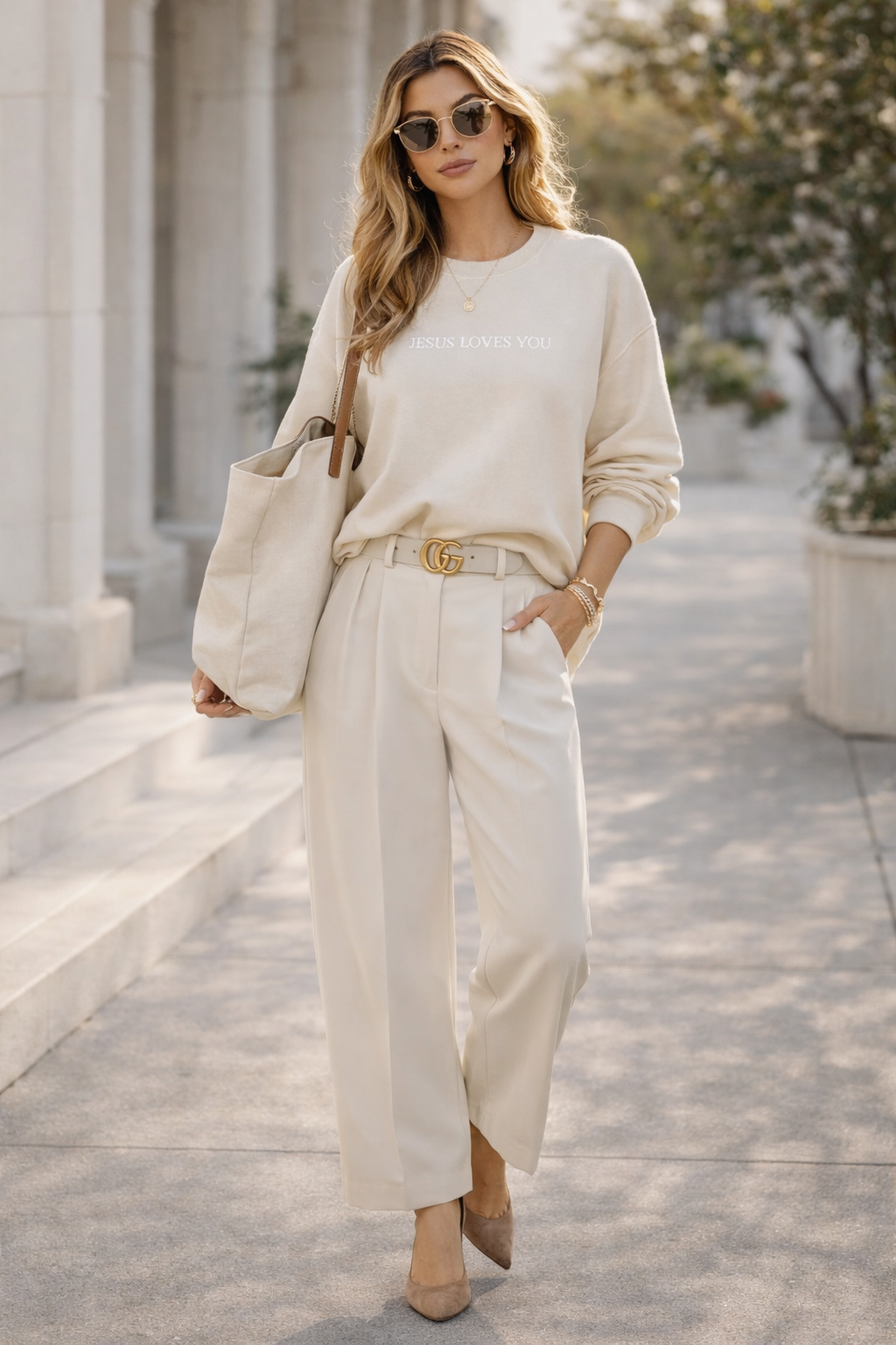 Woman in a beige outfit with sunglasses and a handbag, standing on a stone path.