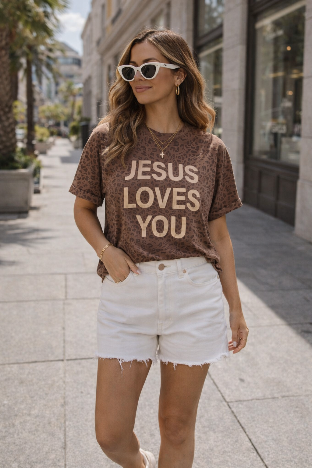 Woman wearing a 'Jesus Loves You' t-shirt on a city street.