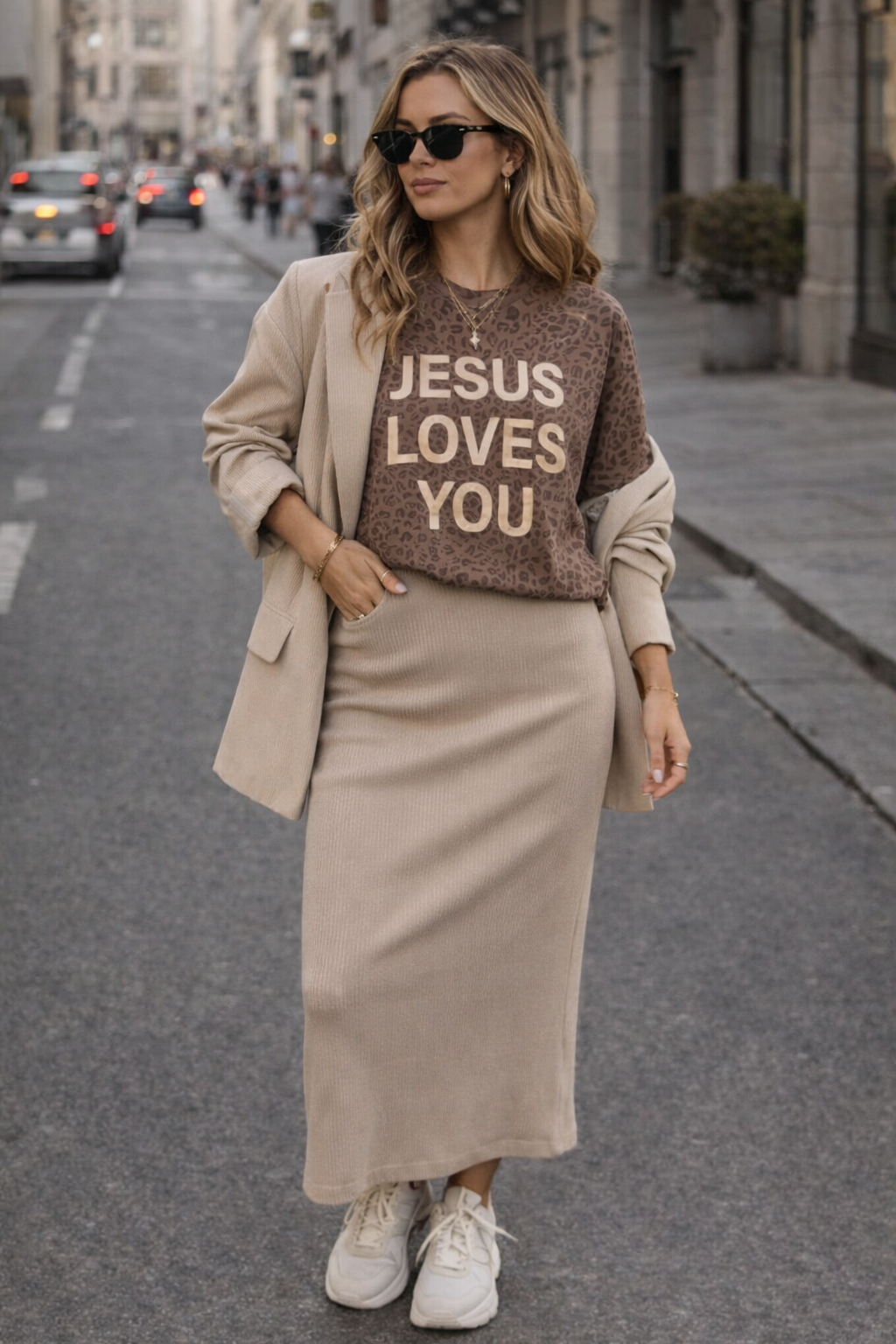Woman wearing a sweater with 'Jesus Loves You' text on a city street.
