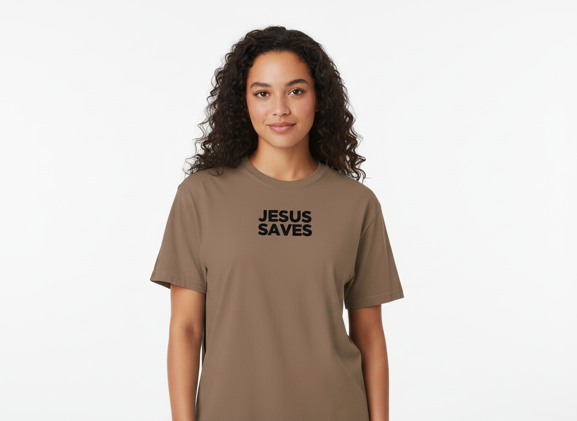 Person wearing a brown t-shirt with 'JESUS SAVES' text on a white background