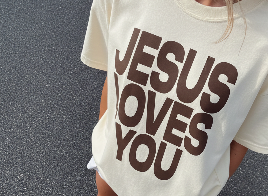 Person wearing a t-shirt with 'Jesus Loves You' text on a dark background