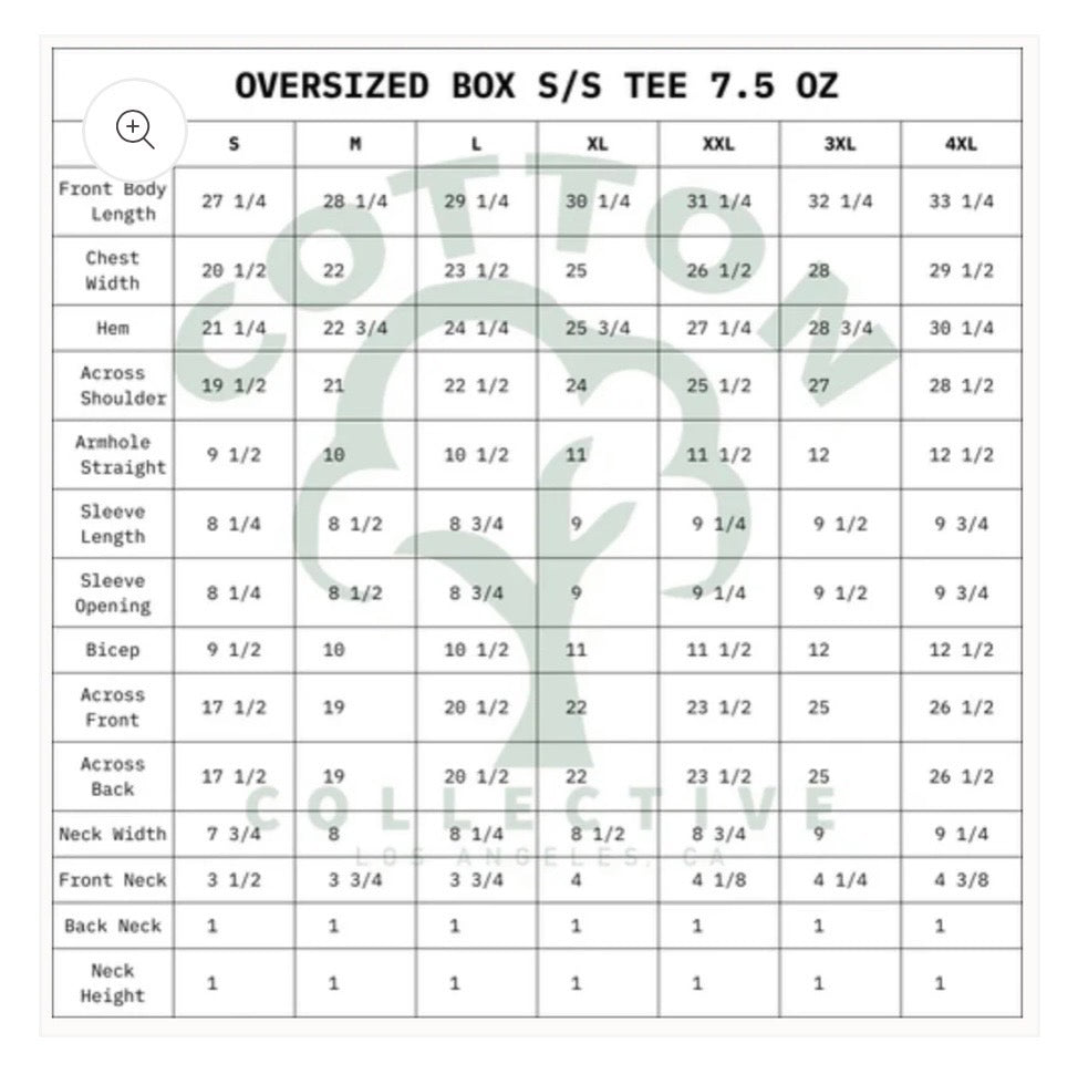 Size chart for an oversized box shirt with measurements in inches.